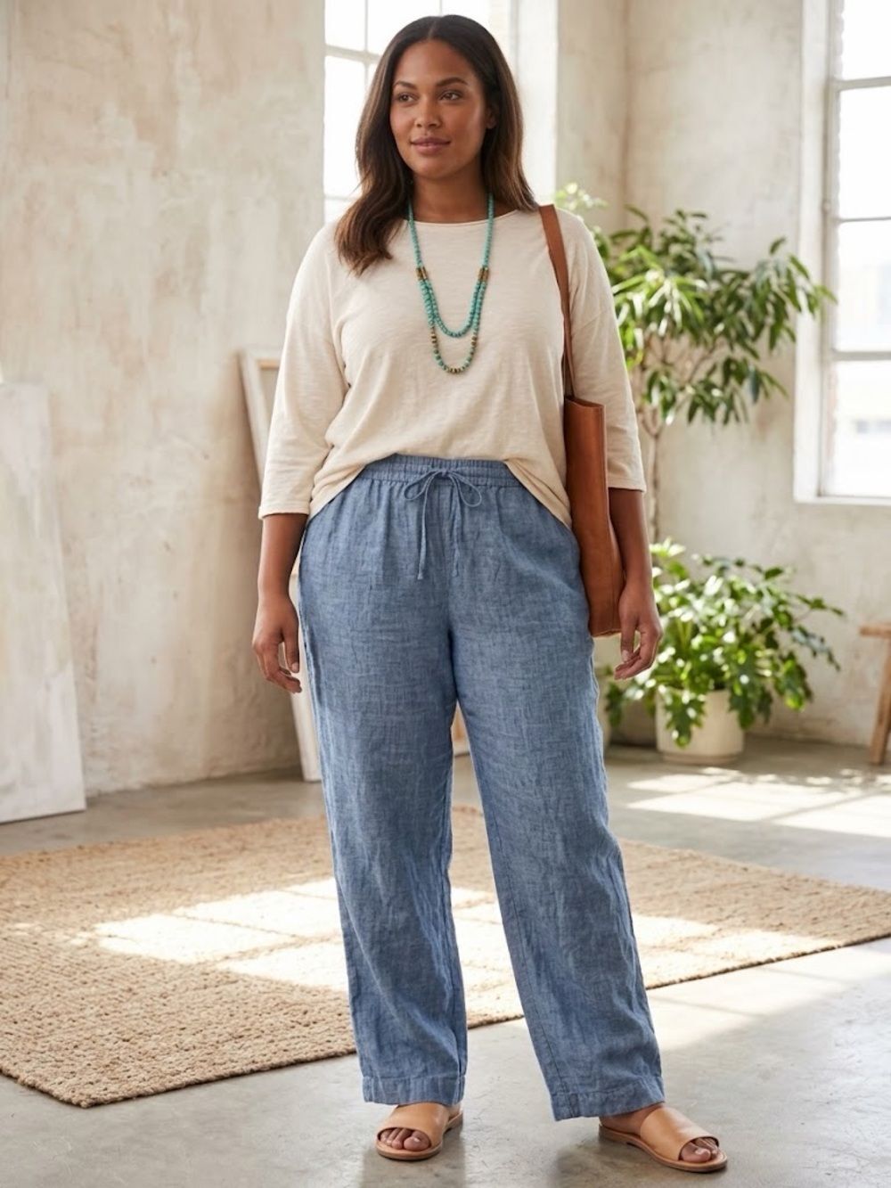 Charter Club Luxury Chambray Wide Leg Drawstring Linen Pants XXL Blue